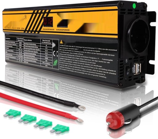 Інвертор 1000 Вт 12V 230V LCD, чиста синусоїда, 2xUSB, із зарядним пристроєм