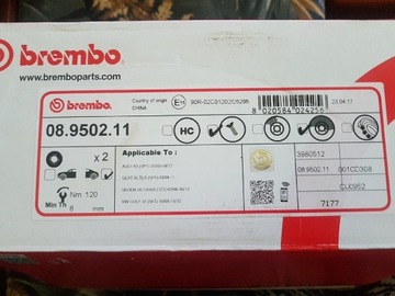 2 тормозных диска Brembo 08.9502.11 Seat Audi