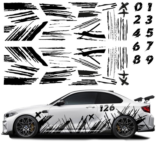 2 НАКЛЕЙКИ Автомобильная графика MAZIE МОТИВ ПОЛОСКИ ЦИФРЫ НОМЕРА КИСТИ 94x600