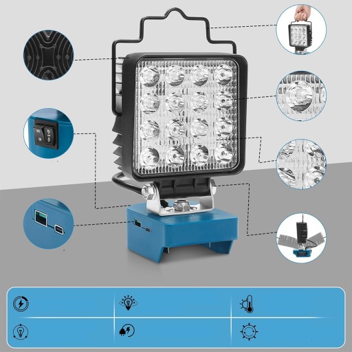 48ВТ ЛАМПА ДЛЯ MAKITA 18В галогенная рабочая лампа фонарик 25LED+ 2xUSB
