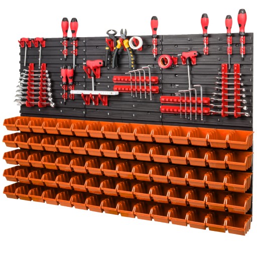 6 дошок для інструментів, 75 лотків, 30 тримачів для інструментів, молоток, гайкові ключі