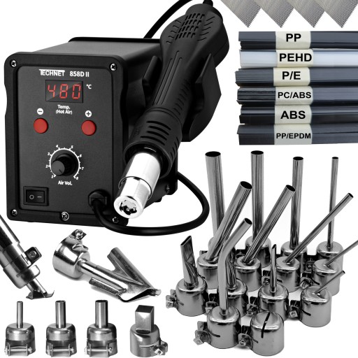 858D II ПЛАСТИКОВИЙ ЗВАРЮВАЛЬНИЙ АПАРАТ 19x СОПЛО ЗАЛІЗНИЙ ЧОБІТОК 4x ПЛАСТИКОВА СІТКА 300 г