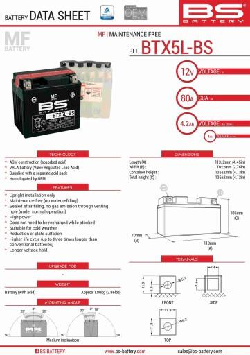 M620121148 - BS АККУМУЛЯТОР BTX5L-BS (YTX5L-BS) 12В 4Ач 114X71X106 НЕОБХОДИМЫЙ - ЭЛЕКТРО