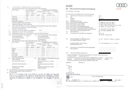 СЕРТИФІКАТ COC, СЕРТИФІКАТ СХВАЛЕННЯ АВТОМОБІЛІВ SKODA SEAT AUDI VOLKSWAGEN