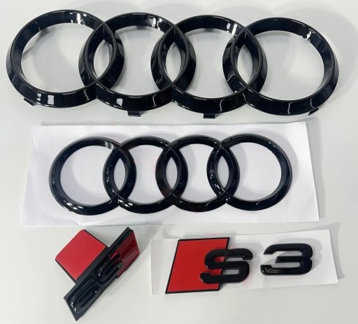 AUDIS38V - Черные кольца спереди и сзади + решетка S3 S3 сзади, 8V, глянцевый ABS, НАБОР ЭМБЛЕМ
