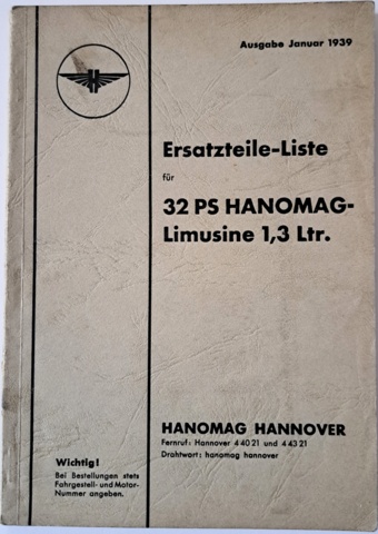 ERSATZTEILLISTE FÜR 32 PS HANOMAG - ЛІМУЗИН 1,3 л. 1939!