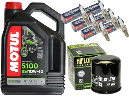 HF303  ZESTAW OLEJ MOTUL 5100 10W40 4L FILTR ŚWIECE HONDA VFR800 98-01 - HF303 МАСЛЯНЫЙ КОМПЛЕКТ MOTUL 5100 10W40 4L ПРОБКИ ФИЛЬТРА HONDA VFR800 98-01