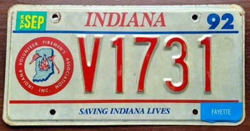 Индиана 1992 года — номерной знак США.