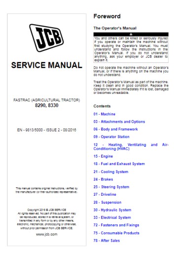 JCB Service Manual FASTRAC (сельскохозяйственный трактор) 8290, 8330