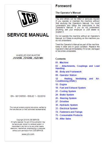 JCB Service Manual WHEELED EXCAVATORJS 145W, JS160W, JS20 MH