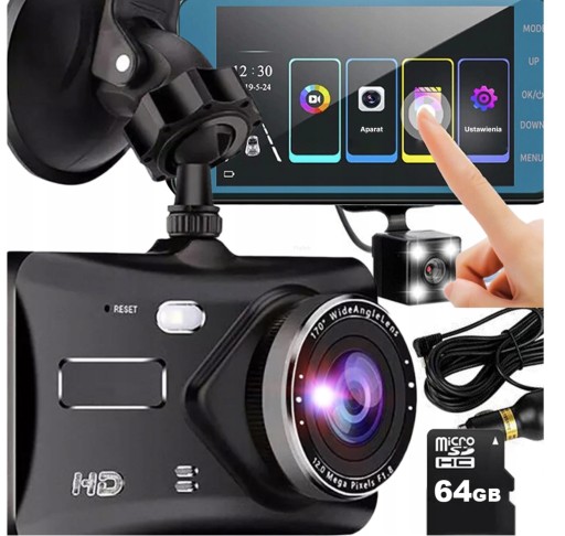 АВТОМОБІЛЬНА КАМЕРА ПОЛЬСЬКЕ МЕНЮ РЕГІСТРАТОР ВОДІННЯ КАМЕРА ЗАДНЬОГО ВІДПОВІДІ + КАРТА 64 ГБ