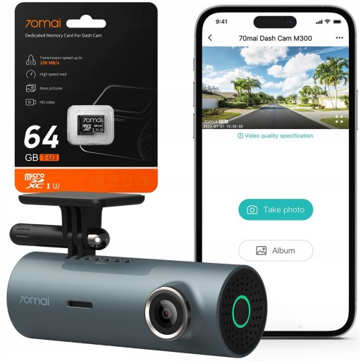 Автомобільна камера 70mai M300 Navy 1296p 140° + оригінальна карта 64GB