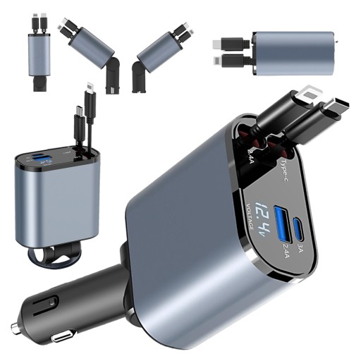 АВТОМОБІЛЬНИЙ ЗАРЯДНИЙ ПРИСТРІЙ 2 ВИСУВНИХ КАБЕЛЮ 2 ПОРТИ АДАПТЕР 4В1 PD QC3. 0 20 ВТ 100 ВТ