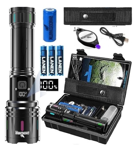 Дуже потужний світлодіодний ліхтарик 30000 л Тактичний військовий Powerbank, подарунковий LCD UV