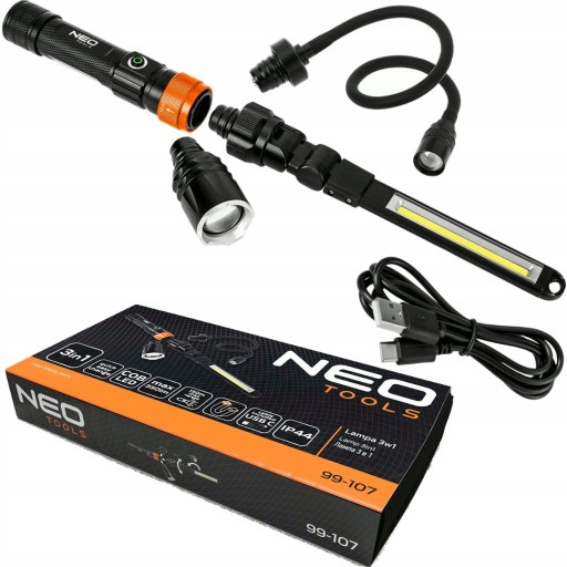 ЛІХТАРИК ЛАМПА НА ГНУЧКОМУ РУЧІ 3В1 IP44 ФУНКЦІЯ ЗУМУ 2200 mAh NEO TOOLS