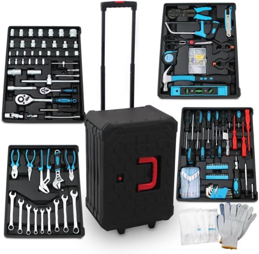 Мобильная инструментальная тележка с выдвижными ящиками, 1200 элементов, ключи, трещотки, биты.