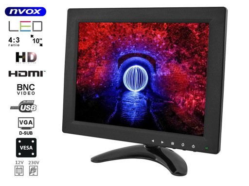 РК-монітор 10 дюймів дюймів LED VGA HDMI AV USB BNC 12V 230V... (NVOX PC105VHB)