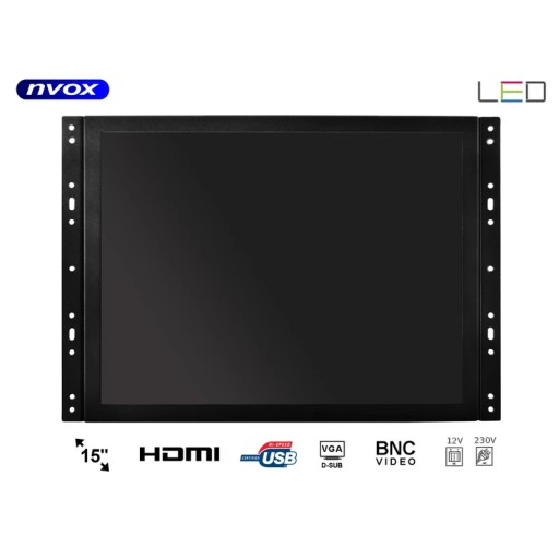 Відкритий РК-монітор 15 дюймів LED VGA HDMI DVI 12V 230V... (NVOX