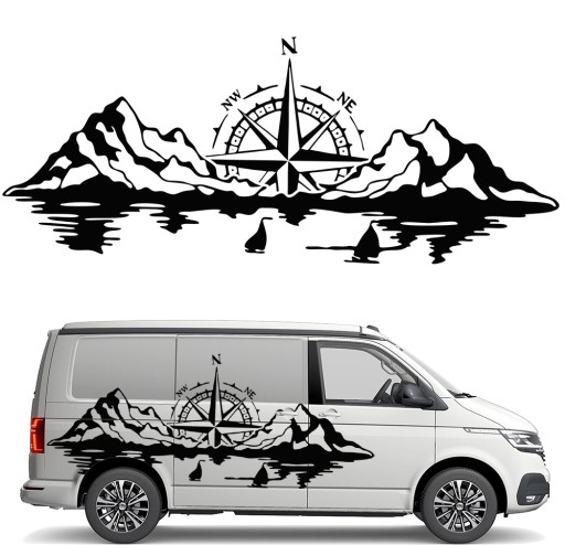 НАКЛЕЙКА Графика для кемпера РОЗА ВЕТРОВ КОМПАС ГОРЫ Озеро Парусники 90х220