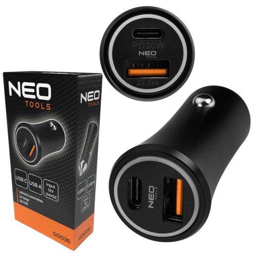 АВТОМОБИЛЬНОЕ ЗАРЯДНОЕ УСТРОЙСТВО NEO С ДВУМЯ ПОРТАМИ USB-A USB-C 12–24 В GD036