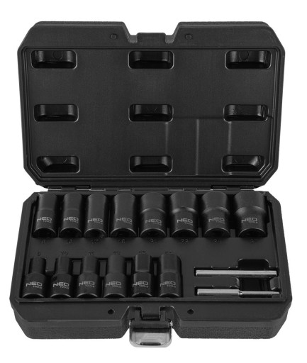 NEO Tools — УДАРНЫЕ НАСАДКИ ДЛЯ ПОВРЕЖДЕННЫХ ГАЙОК 1/2 ДЮЙМА — КОРОБКА, 16 ПРЕДМЕТОВ.