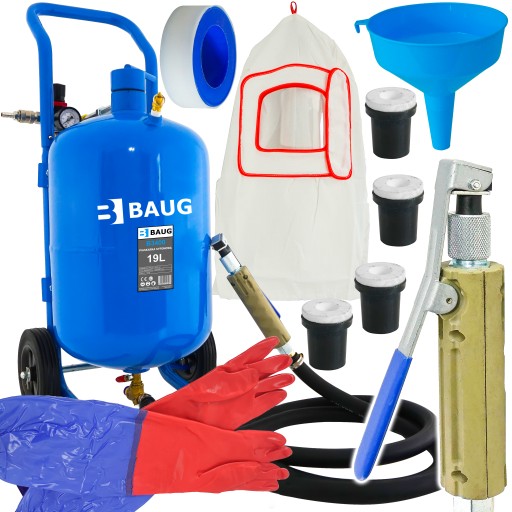 МОБІЛЬНИЙ ПІСКОСТРУМИННИЙ АПАРАТ 19Л + ПІСТОЛЕТ + НАСАДКИ + КОМПЛЕКТ ШЛАНГІВ