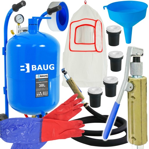 МОБИЛЬНЫЙ ПЕСКОСТРУЙНЫЙ АППАРАТ 38Л + ПИСТОЛЕТ + НАСАДКИ + КОМПЛЕКТ ШЛАНГОВ