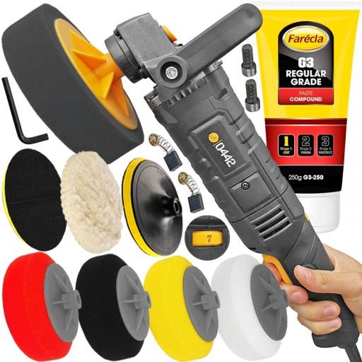 ПОЛІРУВАЛЬНА МАШИНА ДЛЯ АВТОМОБІЛІВ РЕГУЛЬОВАНА ШЛІБАЛЬНА МАШИНА + ГУБКИ + ПОЛІРУЮЧА ПАСТА FARECLA