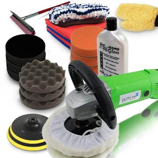 ПРОФЕСІЙНА ПОЛІРУВАЛЬНА МАШИНА ДЛЯ АВТОМОБІЛІВ 1500 Вт НАБІР ГУБОК АКСЕСУАРІВ