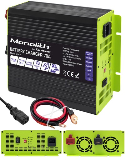 РЕГУЛЬОВАНИЙ ВИПРЯМНЮВАЧ QOLTEC MONOLITH CHARGER LIFEPO4 AGM GEL 12V 70A