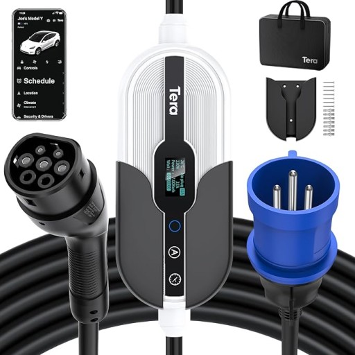 Портативное зарядное устройство Tera Smart EV 7,6 кВт, тип 2, 16–32 А и приложение WLAN BT