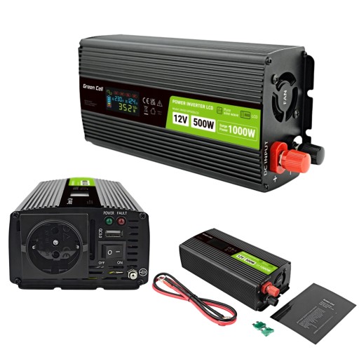 Green Cell 12V 500W 1000W Автомобільний перетворювач напруги Full Sine LCD