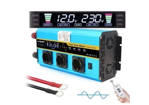 Перетворювач напруги 12 В 230 В 3000 Вт/6000 Вт чиста синусоїда 3 x AC REMOTE