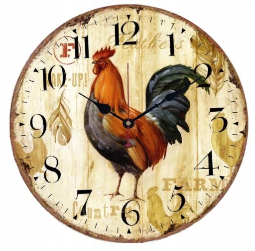 Ретро деревянные настенные часы с петухом в винтажном деревенском стиле
