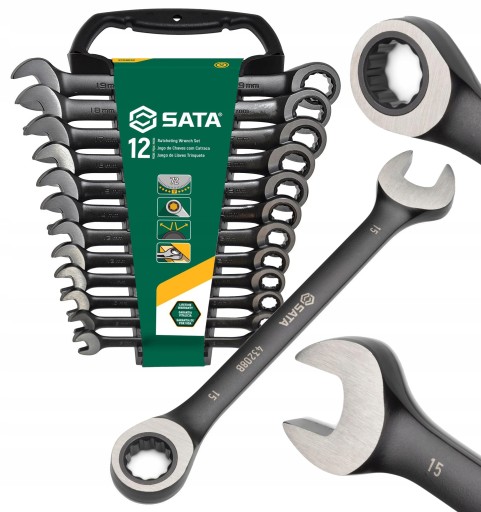 SATA НАБОР КЛЮЧЕЙ КОМБИНИРОВАННЫХ С ТРЕЩОТКОЙ 8-19 ММ ЧЕРНЫЙ 12 ШТ. ST08032