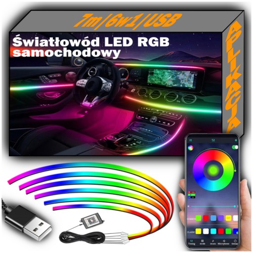 TAŚMA LED DO SAMOCHODU ZESTAW ŚWIATŁOWÓD DO SAMOCHODU OŚWIETLENIE LED AMBIENT LEDY RGB OŚWIETLENIE WNĘTRZA AUTA 12V - Оптическое волокно для автомобиля AMBIENT RGB гаджеты кабина комплект 7 м 6в1 USB + приложение