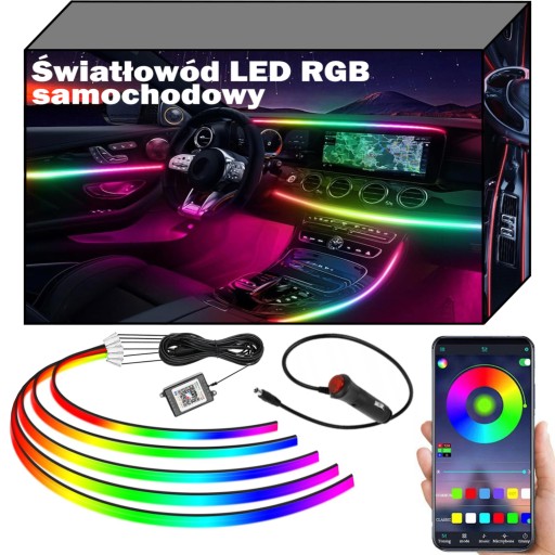 ŚWIATŁOWÓD DO SAMOCHODU TAŚMA LED DO SAMOCHODU OŚWIETLENIE LED AMBIENT LEDY RGB OŚWIETLENIE WNĘTRZA AUTA 12V ZESTAW - Автомобильный волоконно-оптический AMBIENT RGB гаджеты набор 6 м 5в1 прикуриватель + приложение