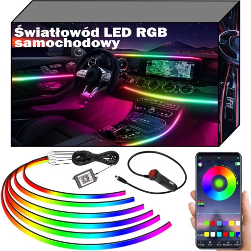 Światłowód do samochodu 7m Ambient TAŚMA LED DO SAMOCHODU OŚWIETLENIE LED LEDY RGB OŚWIETLENIE wnętrza auta 12v ZESTAW - Автомобильный волоконно-оптический AMBIENT RGB гаджеты набор 7 м 6в1 прикуриватель + приложение