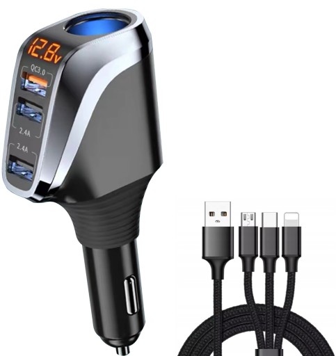Быстрое автомобильное зарядное устройство 4 порта 3в1 кабель lightning Type C microUSB