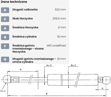 CA4161AB - Газовая пружина (L max-502mm, ход-198mm, сила выброса 230N) подходит для: