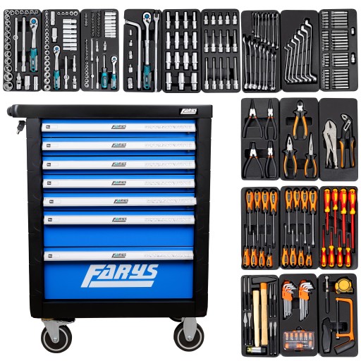 FR4033 синя шафа для майстерні з 334 одиницями обладнання.