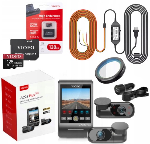 VIOFO A229 PLUS 3-канальный видеорегистратор 2K ПЕРЕДНИЙ ЗАДНИЙ ВНУТРЕННИЙ FHD GPS 128 ГБ ACC CPL