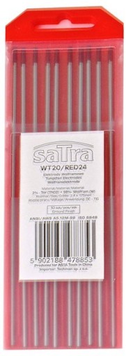 WT20/RED24 ВОЛЬФРАМОВЫЕ ЭЛЕКТРОДЫ 2,4/178 ММ DC-TIG 10 ШТ. SATRA