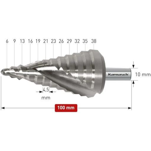 Сверло ступенчатое, HSS-XE, спираль, 2 полотна - 6-38 мм Karnasch (201470U)