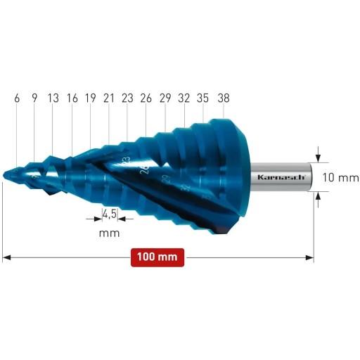 Ступенчатое сверло HSS-XE с покрытием BLUE-DUR 6-38 мм Karnasch (201470)