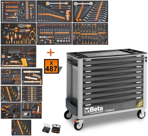Инструментальная тележка с 9 ящиками BETA BW2400S/XLG9/E-XL + набор из 487 элементов