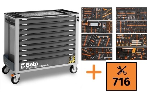 Інструментальний візок з 9 ящиками BETA BW2400S/XLG9/E-XXL + набір 716 елементів