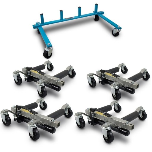 Тележки с гидроподъемником, 4 шт + транспортировочная стойка
