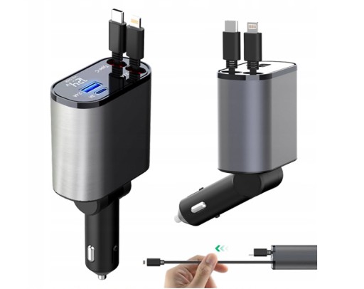 Висувний автомобільний зарядний пристрій 120W USB-C + LIGHTING обертовий автомобільний прикурювач