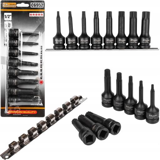 НАБОР ИЗ 8 ЭЛЕМЕНТОВ ШПЛЕНКОВЫХ УДАРНЫХ ГОЛОВОК 1/2 M5-M18 + ПОЛОСКА